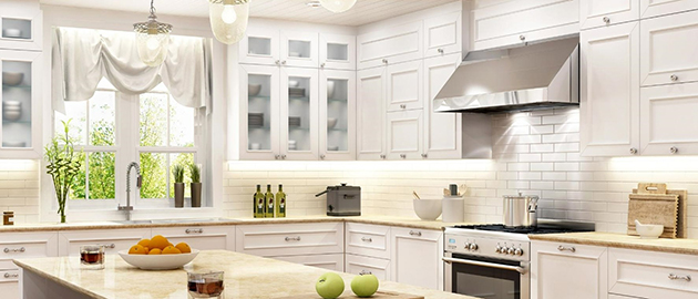 Strips, channels, lenses, and accessories in a residential kitchen also suitable for commercial application